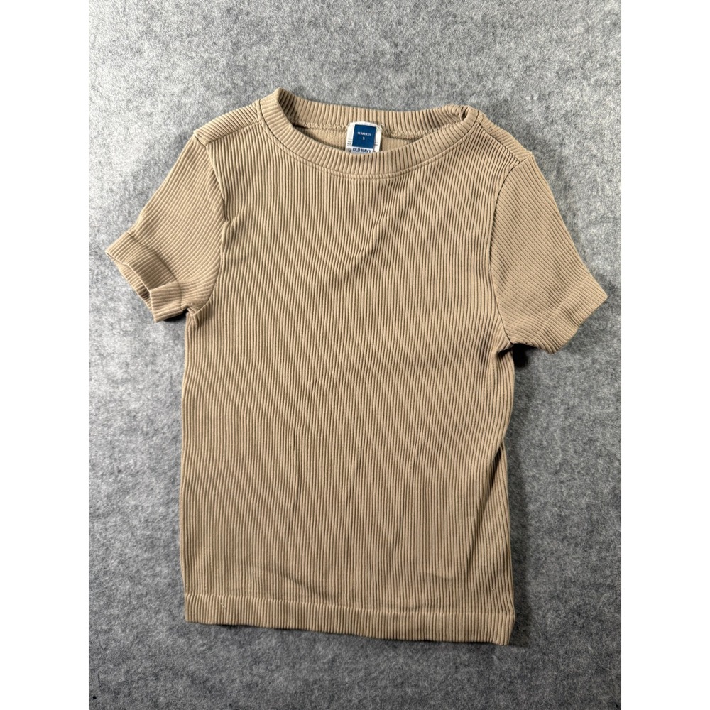 Old Navy Seamless Ribbed Knit Short Sleeve Tee Tan Beige Crewneck Top Small